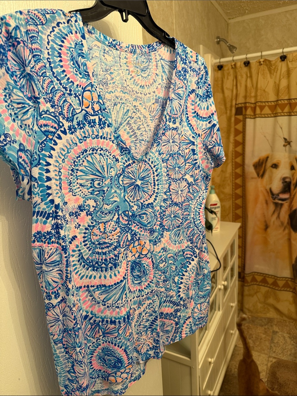 Lilly Pulitzer Blue and Pink Floral Medallion V-Neck Top
